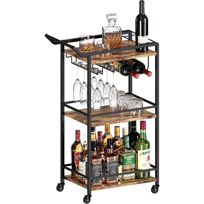 LOTEYIKE 3 Tier Bar Cart, Mini Liquor Utility Cart for Wine Beverage Dinner Party, Rolling Wine Coffee Drink Serving Cart with Lockable Wheels for Home Kitchen Bars (Rustic Brown) - Image 1