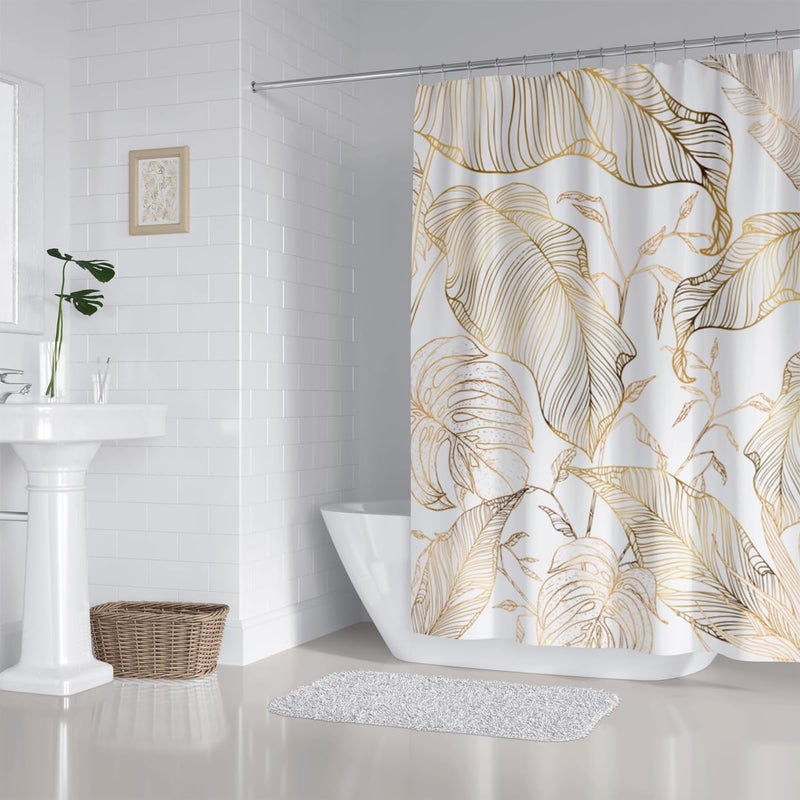 ZXMBF White Gold Tropical Palm Leaves Shower Curtain Abstract Banana Leaf Copper Chic Modern Botanical Plant Nature Aesthetic Bathroom Decor Waterproof Fabric 72Lx60W Inch with 12PCS Hooks - Image 4