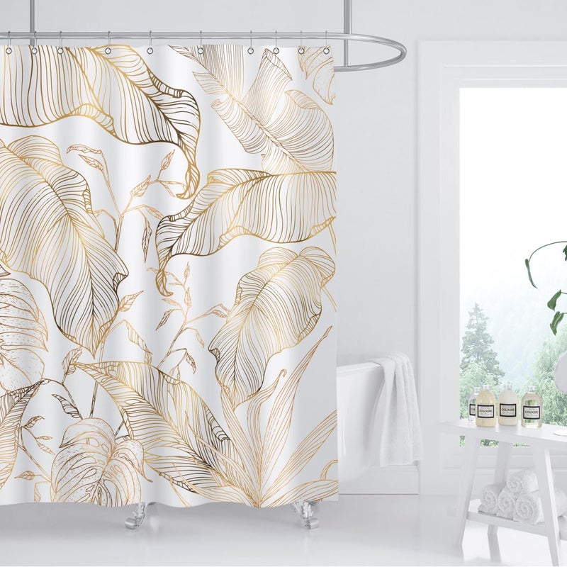 ZXMBF White Gold Tropical Palm Leaves Shower Curtain Abstract Banana Leaf Copper Chic Modern Botanical Plant Nature Aesthetic Bathroom Decor Waterproof Fabric 72Lx60W Inch with 12PCS Hooks - Image 1