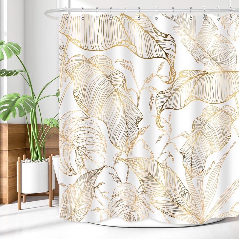 ZXMBF White Gold Tropical Palm Leaves Shower Curtain Abstract Banana Leaf Copper Chic Modern Botanical Plant Nature Aesthetic Bathroom Decor Waterproof Fabric 72Lx60W Inch with 12PCS Hooks - Image 3