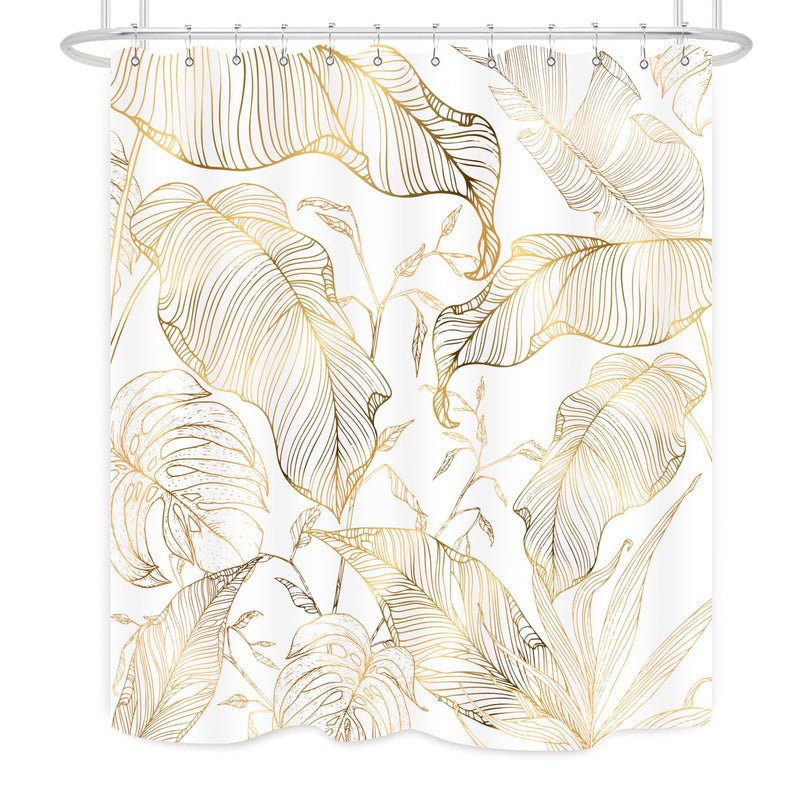ZXMBF White Gold Tropical Palm Leaves Shower Curtain Abstract Banana Leaf Copper Chic Modern Botanical Plant Nature Aesthetic Bathroom Decor Waterproof Fabric 72Lx60W Inch with 12PCS Hooks - Image 2