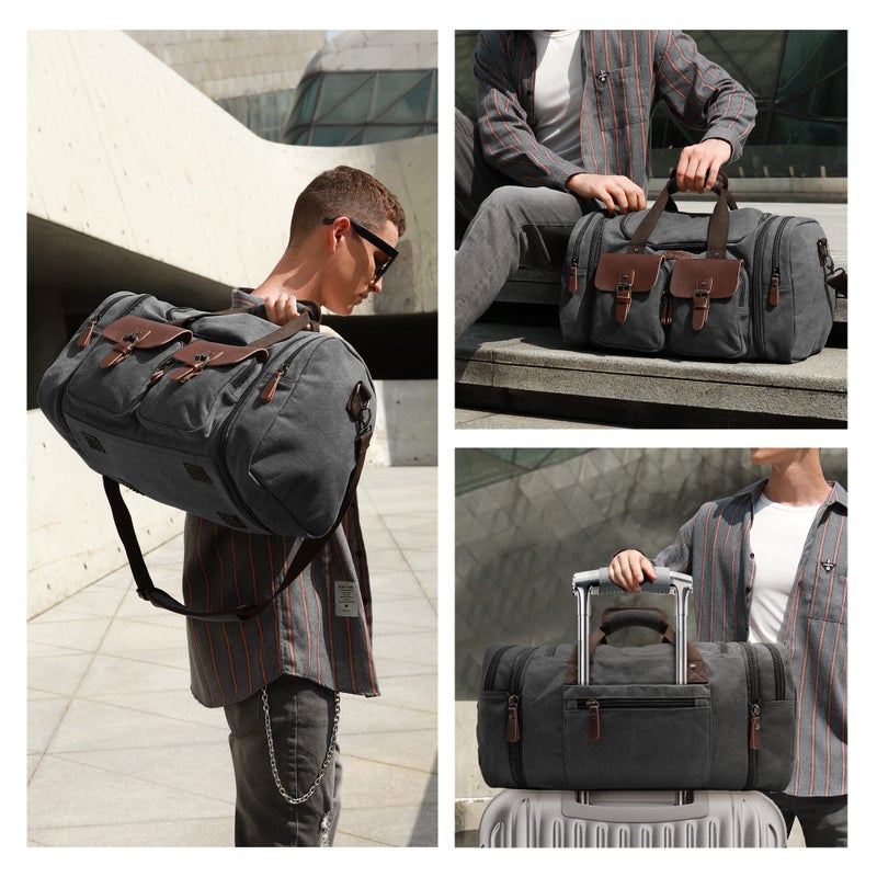 Wildroad 50L Travel Duffel Bag, Expandable Canvas Genuine Leather Duffle Bag Upgraded Overnight Weekender Carry on Bag - Image 3