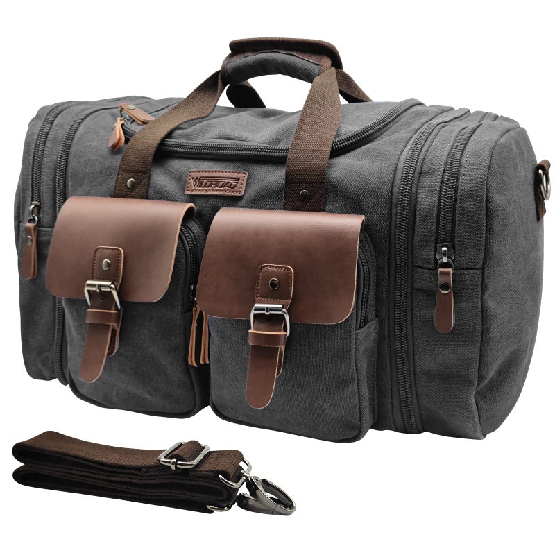 Wildroad 50L Travel Duffel Bag, Expandable Canvas Genuine Leather Duffle Bag Upgraded Overnight Weekender Carry on Bag - Image 1