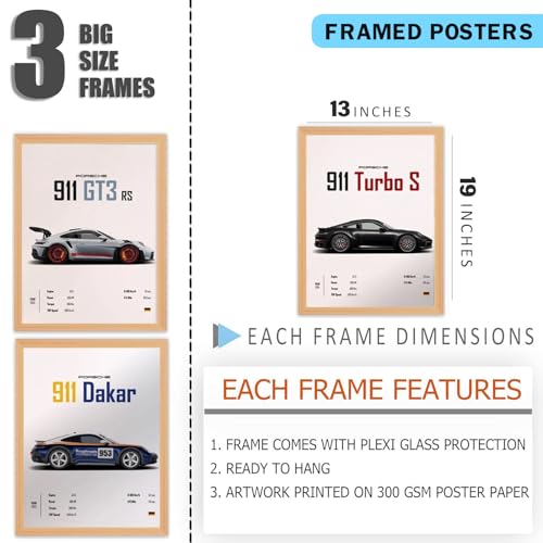Gamya Engineered Wood Big Porsche Cars Framed Posters For Wall Decoration, Bedroom, Living Room, Gift Item For Boys | Set of 3 (13x19 Inches) (911 Trio) - Image 3