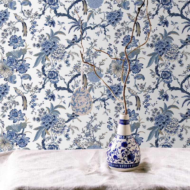 Drydiet Chinoiserie Peel and Stick Wallpaper Removable Self Adhesive Wallpaper Floral Birds Contact Jacobean Vintage Contact Paper for Bedroom(Blue and White,118.1" X 15.75") - Image 3