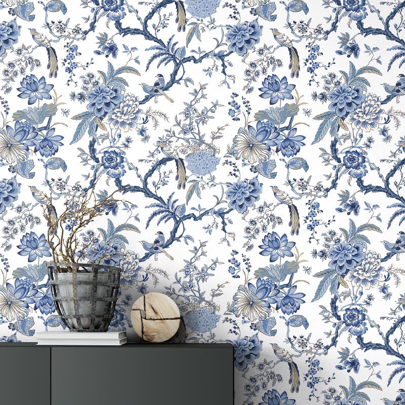 Drydiet Chinoiserie Peel and Stick Wallpaper Removable Self Adhesive Wallpaper Floral Birds Contact Jacobean Vintage Contact Paper for Bedroom(Blue and White,118.1" X 15.75") - Image 1