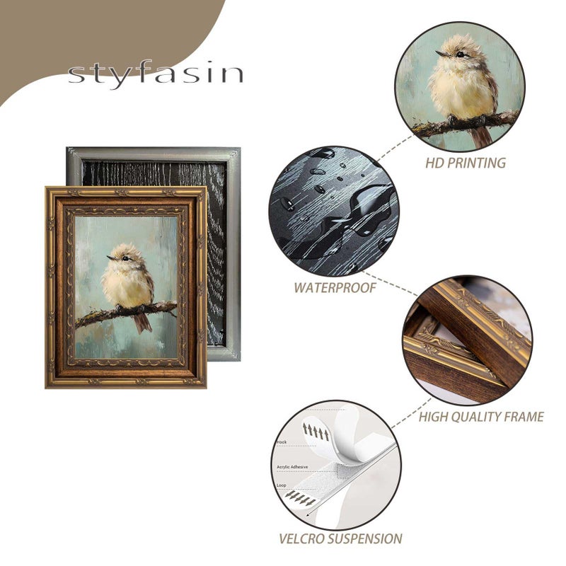 styfasin Gold Framed Bird Canvas Wall Art Vintage Bird Beige Sparrow painting Decor Pictures Sparrow on Branch Bedroom Living Posters Prints for Corridor Classroom Bedroom Kitchen Room Decoration - Image 2