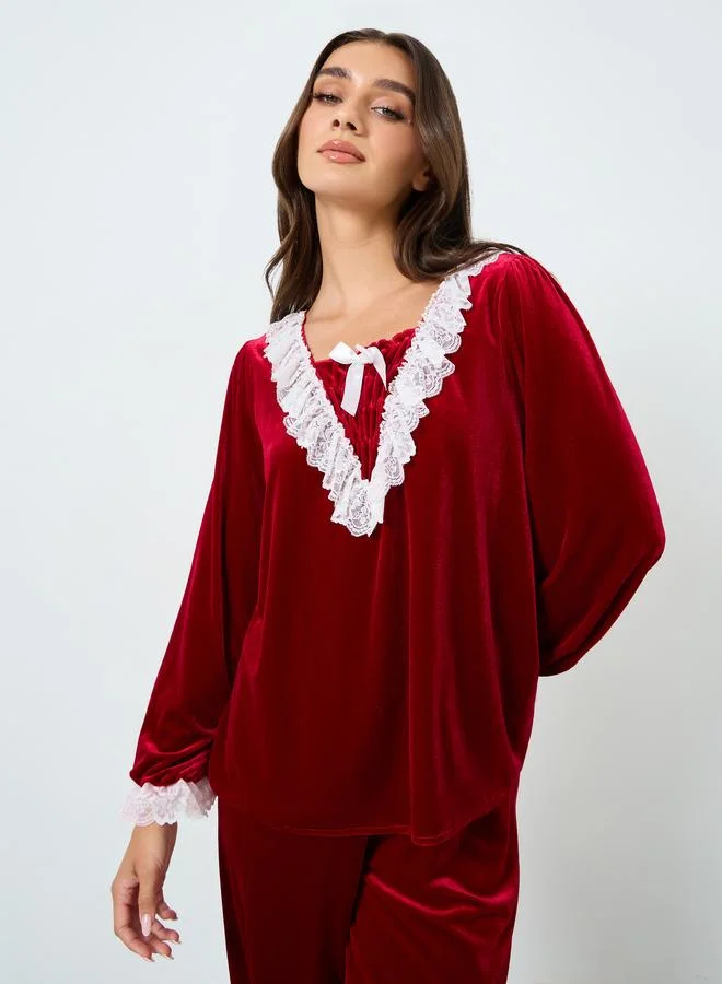 Take Two Velvet Look Lace Trim Top and Pyjama Set