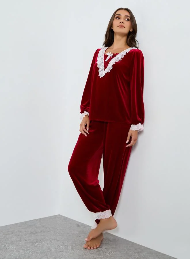 Take Two Velvet Look Lace Trim Top and Pyjama Set