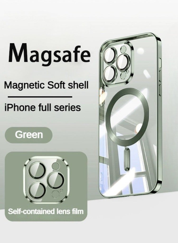 جراب هاتف MagSafe المغناطيسي، غشاء واقي مدمج للعدسات، حماية كاملة ضد الصدمات، تصميم مضاد للسقوط ومقاوم للخدش، ظهر شفاف، جراب حماية رفيع للهاتف، مع مغناطيس قوي - أخضر غامق