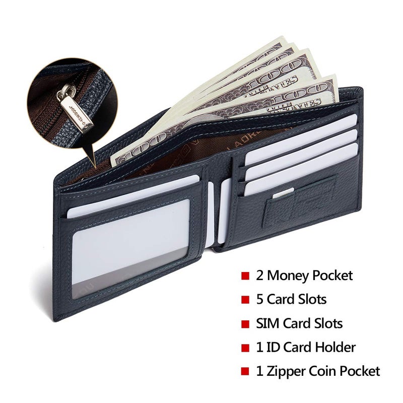 LAORENTOU Men's Wallets Genuine Leather Mens Bifold Wallets with Zipper Coin Pocket Casual Men Purse Slim Wallet - Image 3