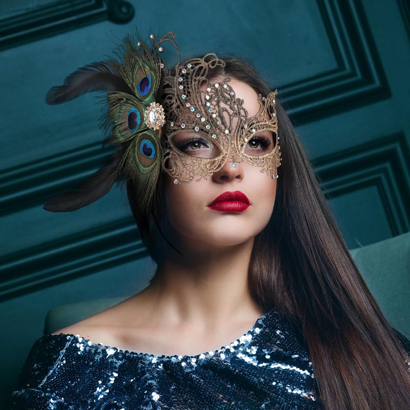 Zinniday Black Masquerade Masks for Women - Handmade 1920s Peacock Feather Ball Lace Mask Shiny Rhinestone Venetian Eyemask for Woman Couples Renaissance Carnival Dress Party Carnival Costume Prom - Image 2