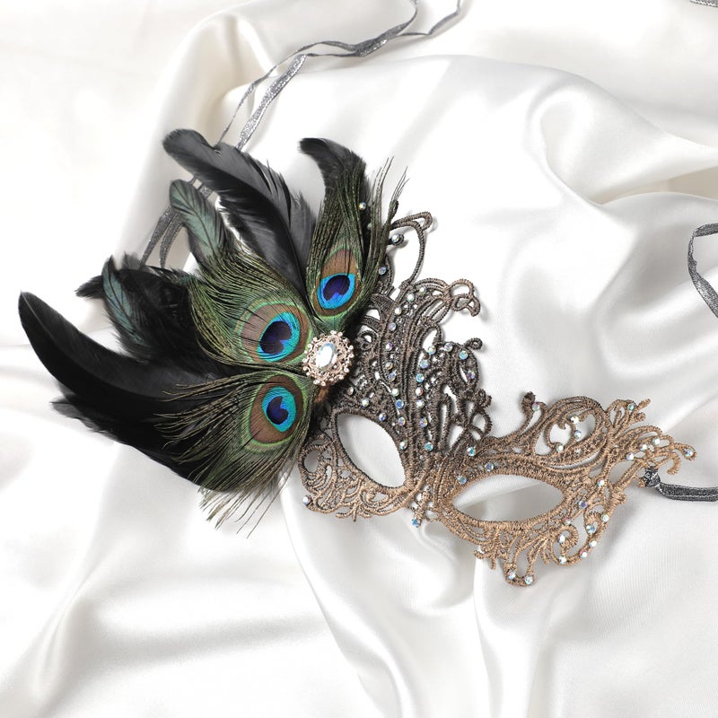 Zinniday Black Masquerade Masks for Women - Handmade 1920s Peacock Feather Ball Lace Mask Shiny Rhinestone Venetian Eyemask for Woman Couples Renaissance Carnival Dress Party Carnival Costume Prom - Image 3