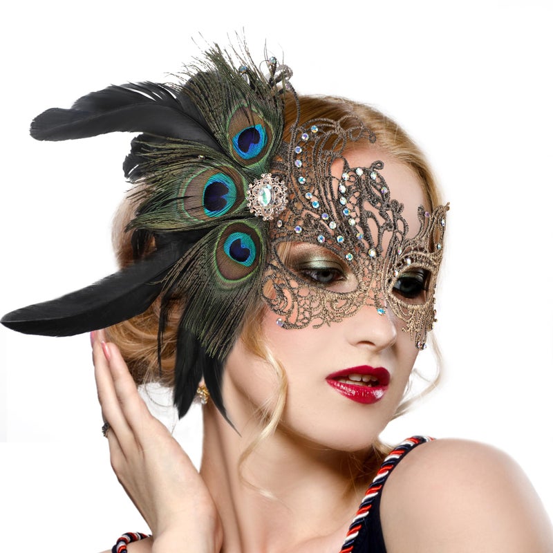 Zinniday Black Masquerade Masks for Women - Handmade 1920s Peacock Feather Ball Lace Mask Shiny Rhinestone Venetian Eyemask for Woman Couples Renaissance Carnival Dress Party Carnival Costume Prom - Image 1