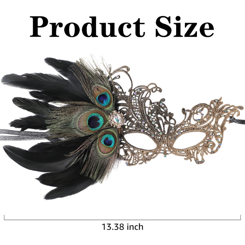 Zinniday Black Masquerade Masks for Women - Handmade 1920s Peacock Feather Ball Lace Mask Shiny Rhinestone Venetian Eyemask for Woman Couples Renaissance Carnival Dress Party Carnival Costume Prom - Image 4