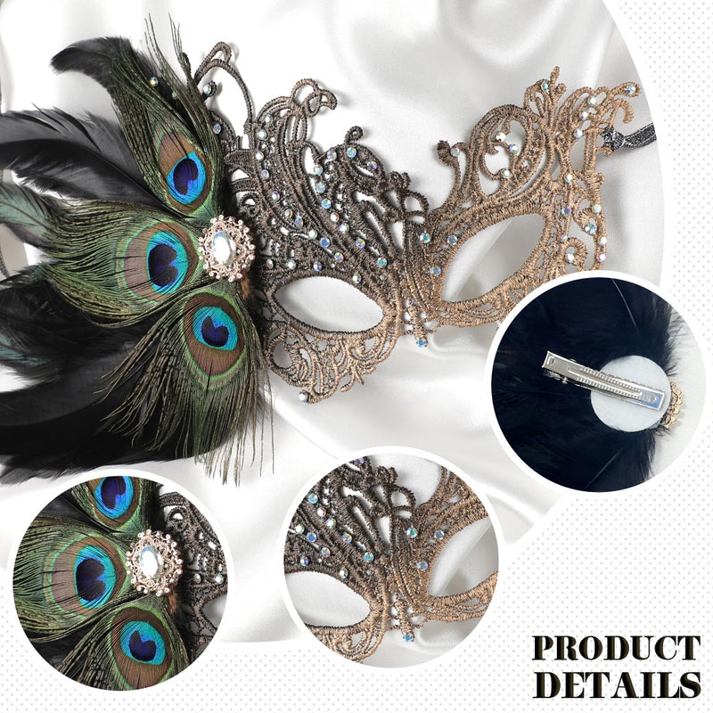 Zinniday Black Masquerade Masks for Women - Handmade 1920s Peacock Feather Ball Lace Mask Shiny Rhinestone Venetian Eyemask for Woman Couples Renaissance Carnival Dress Party Carnival Costume Prom - Image 5
