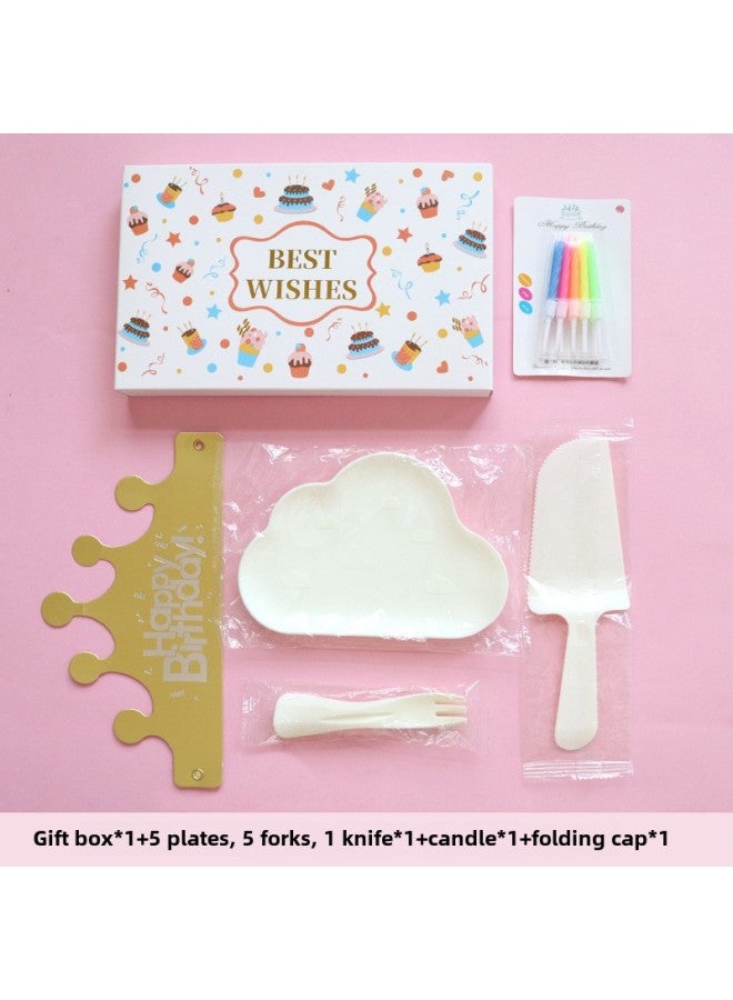 Birthday Dinner Plate Cake Tableware Food Grade Plastic Dinner Plate Disposable Paper Plate Candle Wet Wipes Four-in-one-Color:Classic White Clouds For Five People - Image 1