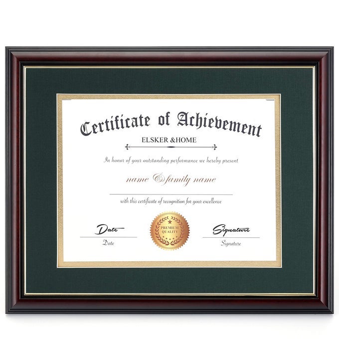 ELSKERHOME 85X11 DIPLOMA FRAME WITH GREEN MAT SOLID WOOD COLOR FRAME MADE FOR CERTIFICATES SIZED 85X11 INCH WITH MAT AND 11X14 INCH WITHOUT MAT DOUBLE MAT GREEN WITH GOLDEN RIM