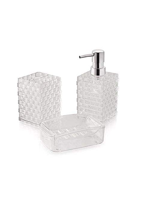 E Shopping E SHOPPING Acrylic Cuboid Shaped Bathroom set-3pc. Liquid Soap Dispenser, Brush & Toothpaste Holder, Soap Dish Holder Set. Ideal for Room, Bathroom, Luxury Hotel Bathroom  - Image 4