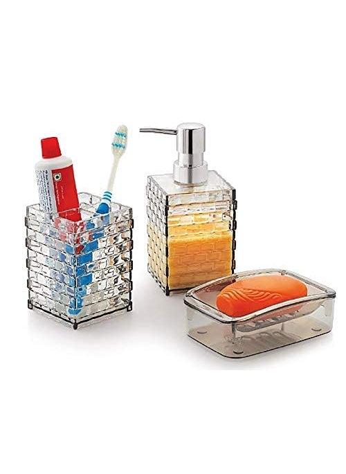 E Shopping E SHOPPING Acrylic Cuboid Shaped Bathroom set-3pc. Liquid Soap Dispenser, Brush & Toothpaste Holder, Soap Dish Holder Set. Ideal for Room, Bathroom, Luxury Hotel Bathroom  - Image 2