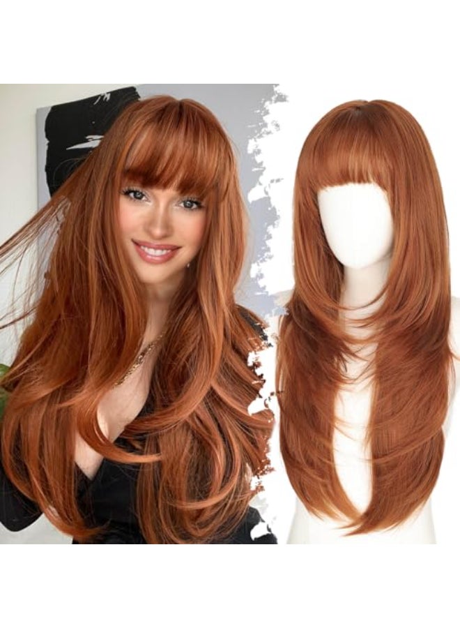 Eawwii Long Ginger Wig with Bangs for Women4x4 Realistic Scalp Free PartingLayered Hairstyle Synthetic Heat Resistant for Daily Party Use 26 inch - Image 1