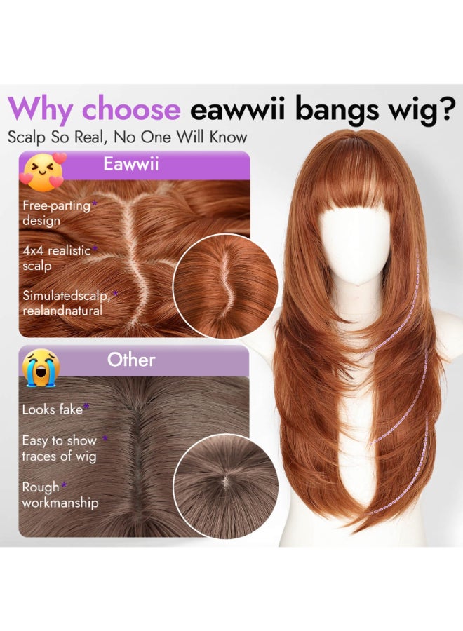 Eawwii Long Ginger Wig with Bangs for Women4x4 Realistic Scalp Free PartingLayered Hairstyle Synthetic Heat Resistant for Daily Party Use 26 inch - Image 4