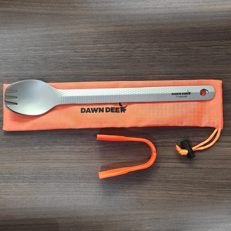 Dawn Deer 3 in1 Titanium Ultralight Cutlery Set, Long Handle Spoon and Spork, Camping tong, Travel Utensils with Bag (22CM) - Image 5