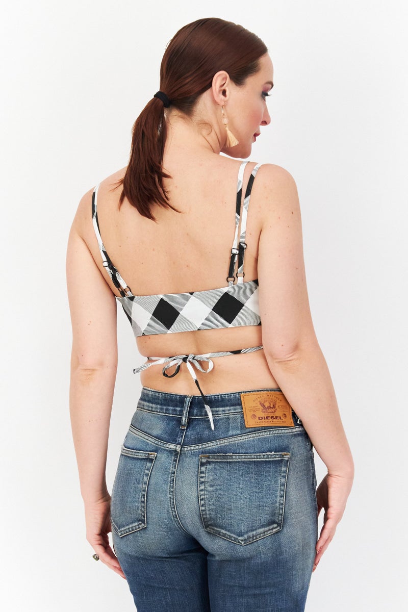 Asos Luxe Women Tie Front Non Padded Checkered Bralette Top, Black - Image 4