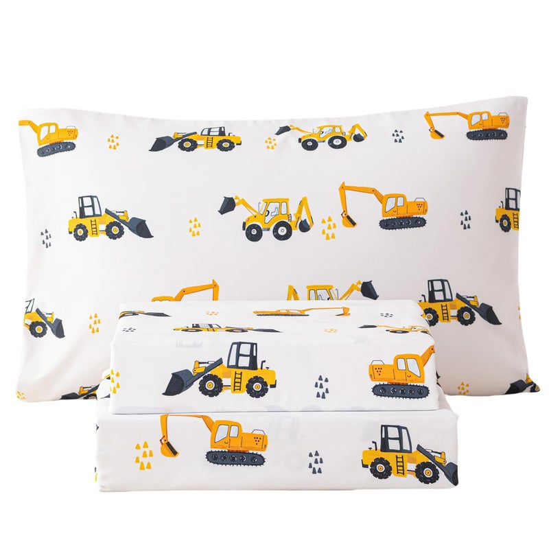 WINLIFE Kids Full Sheet Set 4 Piece Excavator Printed Vehicles Soft Microfiber Bed Sheets Deep Pocket Easy Fit Wrinkle Resistant Cozy Bedding Set for Toddler Boys Girls