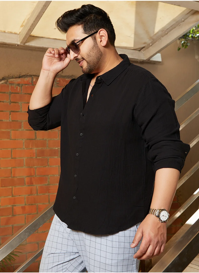 انستافاب بلس Instafab Plus Men's Onyx Black Breezy-Weave Shirt For Casual Wear | Spread Collar | Long Cuffed Sleeves | Button Closure | Plus Size Shirt Crafted With Comfort Fit For Everyday Wear