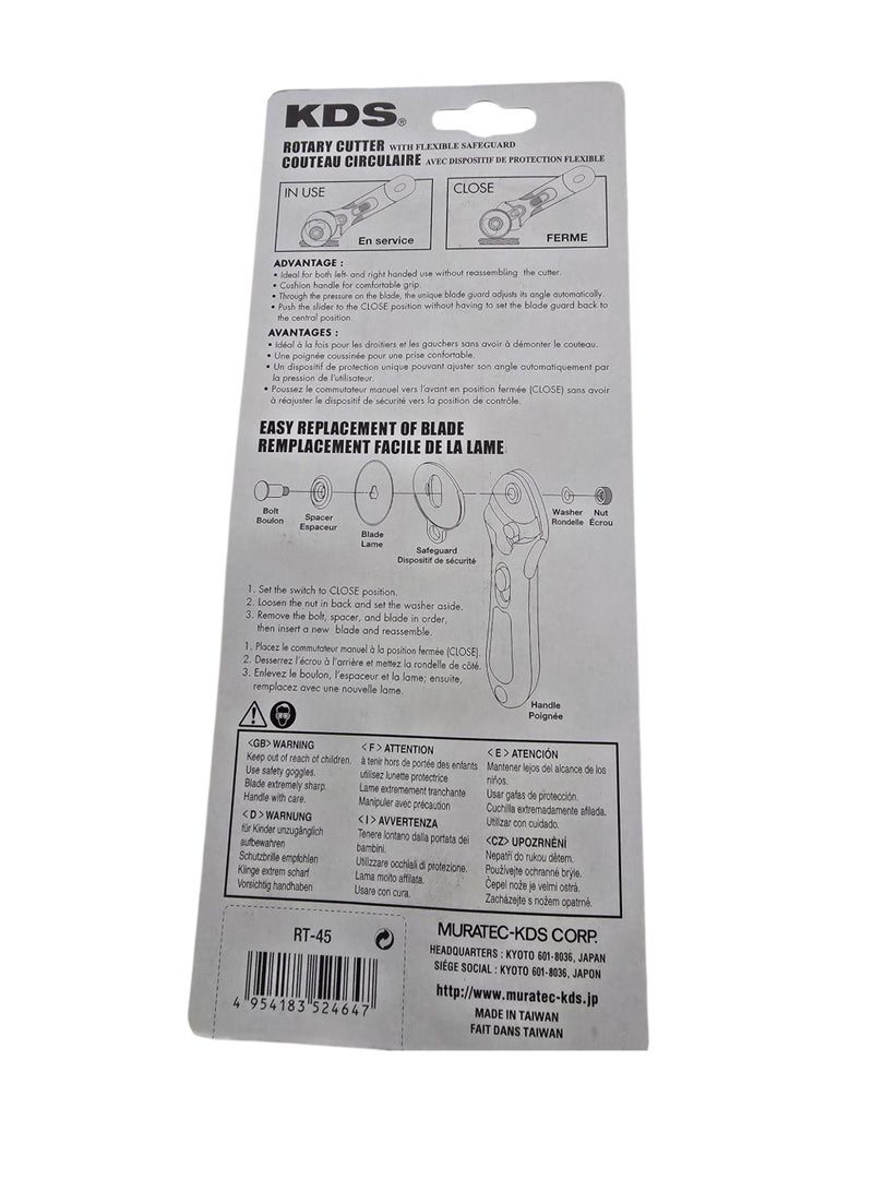 KDS RT-45 Rotary Cutter – 45mm Ergonomic Grip with Flexible Blade Guard for Quilting, Sewing & Crafting - Image 3