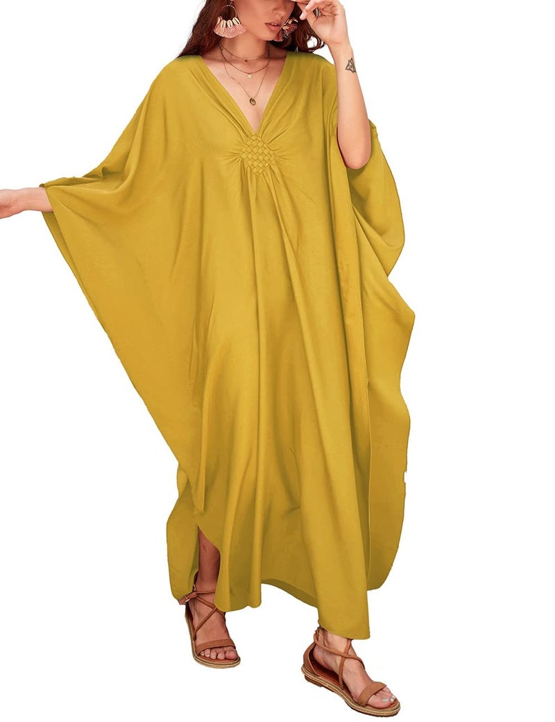 Bsubseach Women Casual Kaftan Dress Batwing Sleeve Plus Size Swimsuit Cover Up Maxi Caftan Dresses Yellow - Image 1