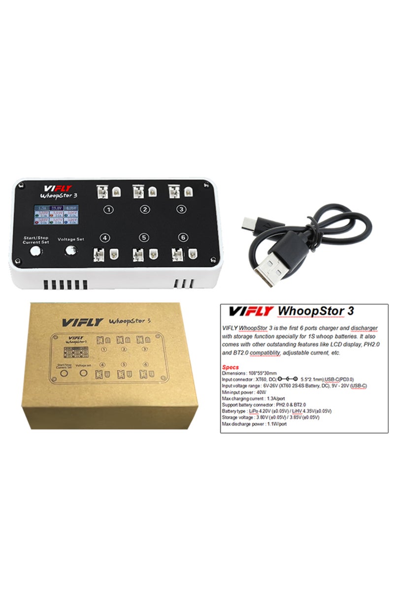 WHITE V3 NEW VIFLY WhoopStor 3 V3 6 Ports 1S LIPO LiHV Battery Charger Discharger Storage LCD TYPE-C
