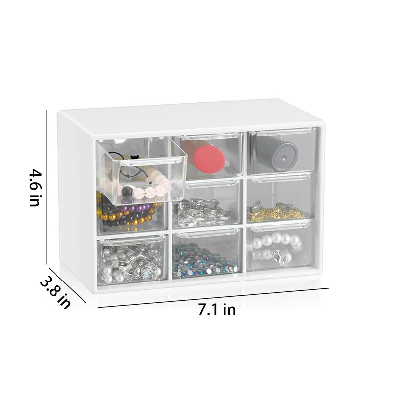 LIPCHEEGO Small Drawer Organizer for Desk, 7.1" x 3. 8" x 4.6" Mini Desktop Drawer Organizer with 9 Clear Drawers, Plastic Desktop Craft Storage Box for Desk Office School Home (White) - Image 2