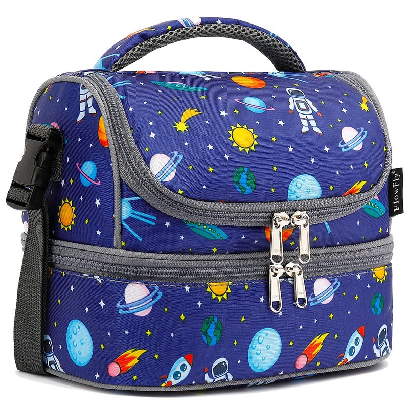 FlowFly Kids Double Decker Cooler Insulated Lunch Bag Large Tote for Boys, Girls, Men, Women, With Adjustable Strap, Astronaut - Image 1