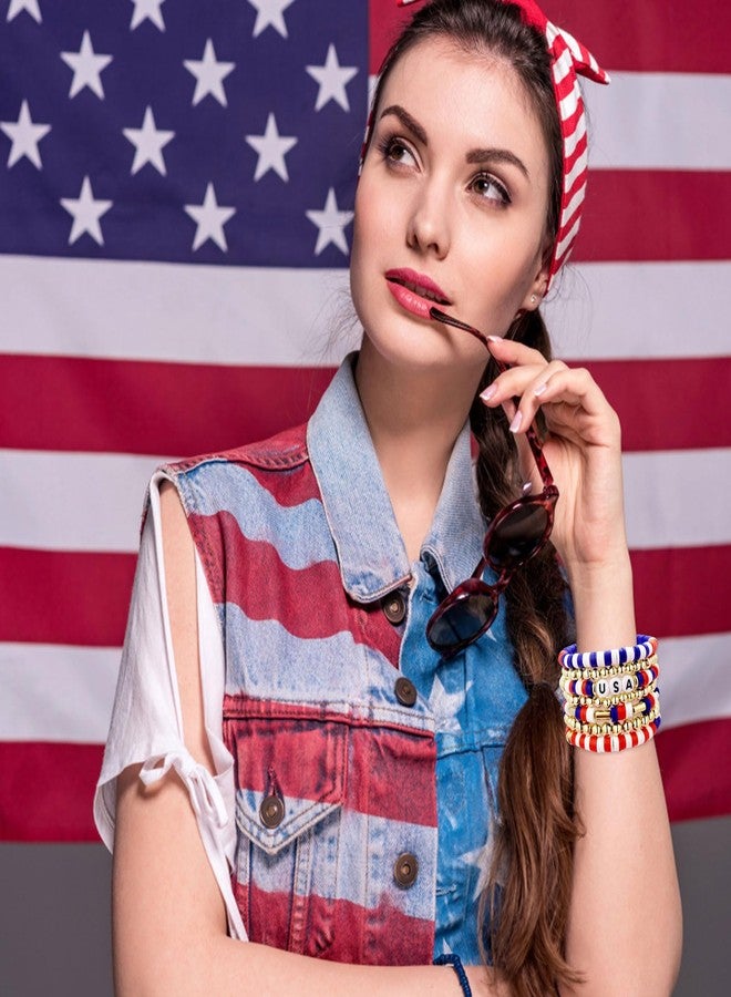 كولودوغو أساور كولودوغو الحمراء والبيضاء والزرقاء للنساء، أساور مطاطية قابلة للتكديس مزينة بالخرز، مثالية للاحتفال بيوم الاستقلال الأمريكي، تُعدّ هدية مجوهرات وطنية رائعة. - Image 2