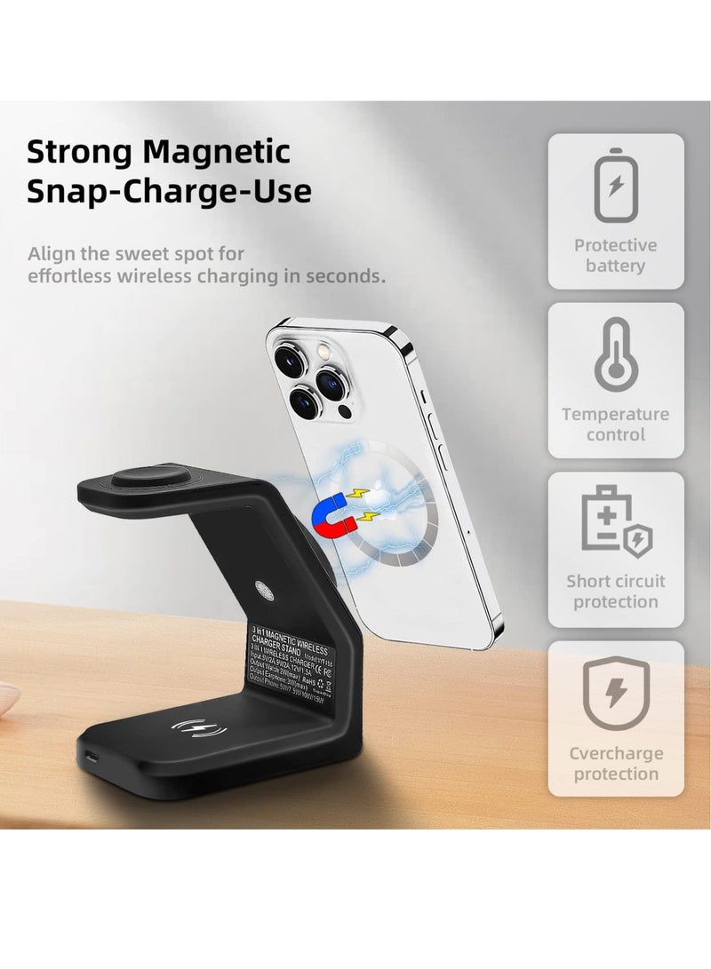 Captaintech Magnetic Wireless Charging Station, 15W 3 in 1 Wireless Charger,Compatible with iPhone 14,13,12 Pro Max/Pro/Mini/Plus, Fast Wireless Charging Stand Dock for Apple Watch , Black - Image 2