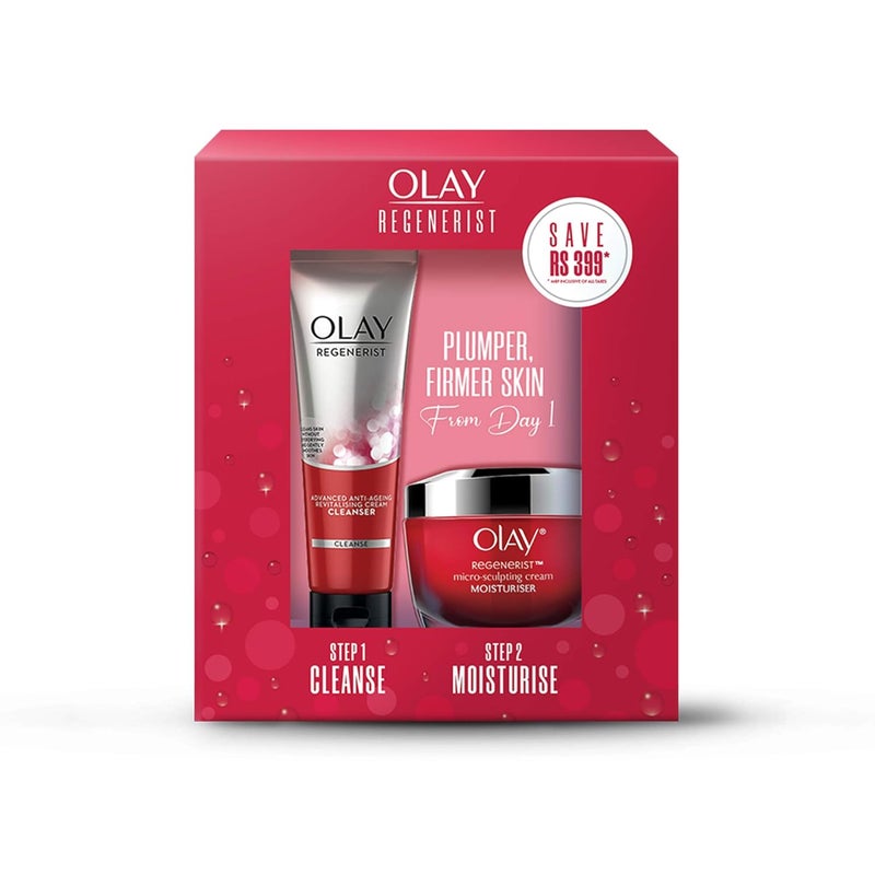 Olay Regenerist Giftpack  Day Cream 50g  Cleanser 100g  Hydrated Plump Bouncy Skin  With Hyaluronic Acid Niacinamide and Peptides  Normal Oily Dry Combination Skin  Pack of 2 - Image 1