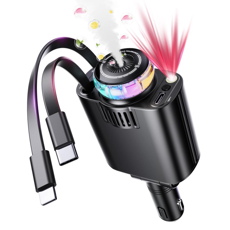 LUIENAO Retractable Car Charger with Aromatherapy and Starlight 5 in 1 USB C Car Charger Adapter 69W Fast Charging Cars Phone Chargers Cars Air Freshener Compatible with iPhone 17 16 15 14 13 and Android - Image 2