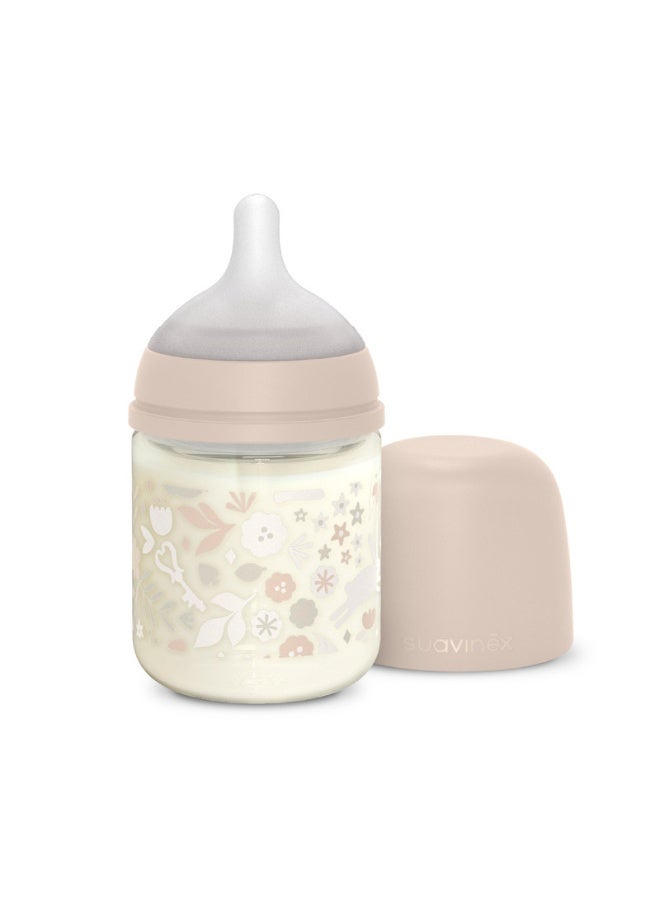 SUAVINEX Glass Baby Feeding Bottle with Slow-Flow Physiological Nipple Teat, Mimics Natural Breastfeeding Experience, +0 Months 120ml - Pink - Image 1