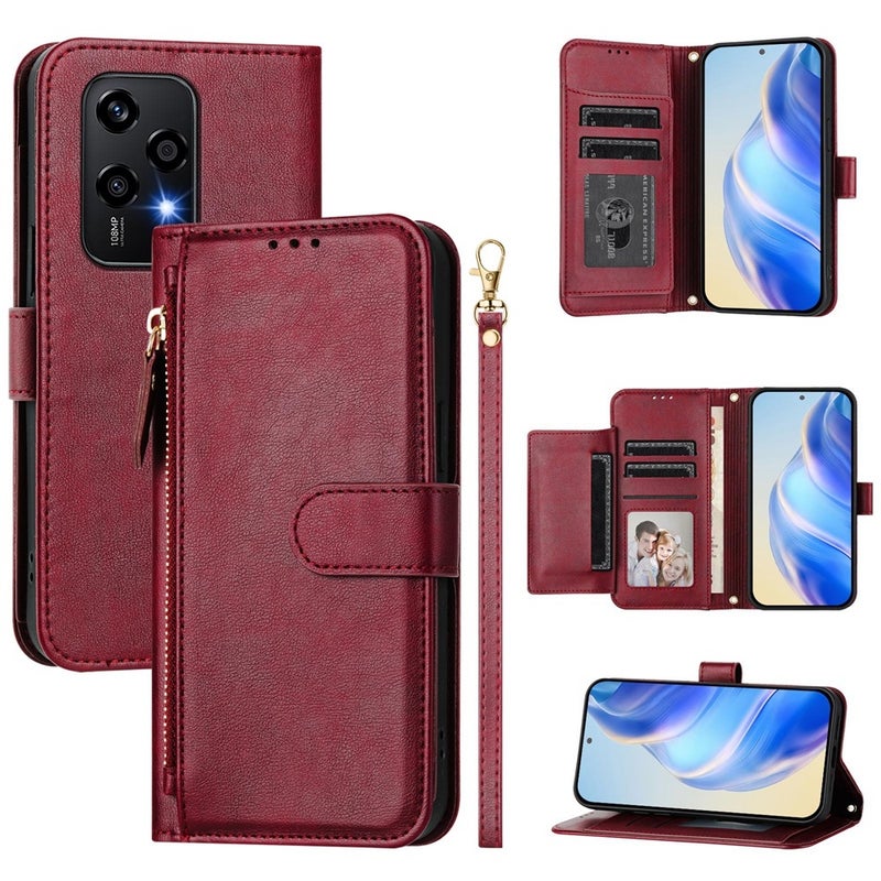 HuHa Protective Cover For Honor 200 Lite Global Multi-Card Slots Zipper Wallet Leather Phone Case(Dark Red) - Image 1