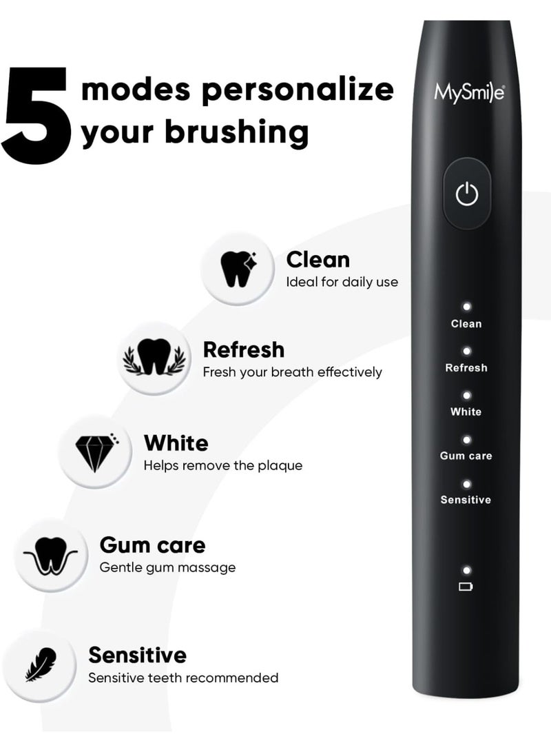 MySmile DY156 Electric Toothbrush for Adults, Rechargeable Sonic Battery Toothbrush Portable with 3 Brush Heads, 2 Mins 5 Modes Smart Timer, 45000VPM, One Charge for 60 Days (Black, M) - Image 3