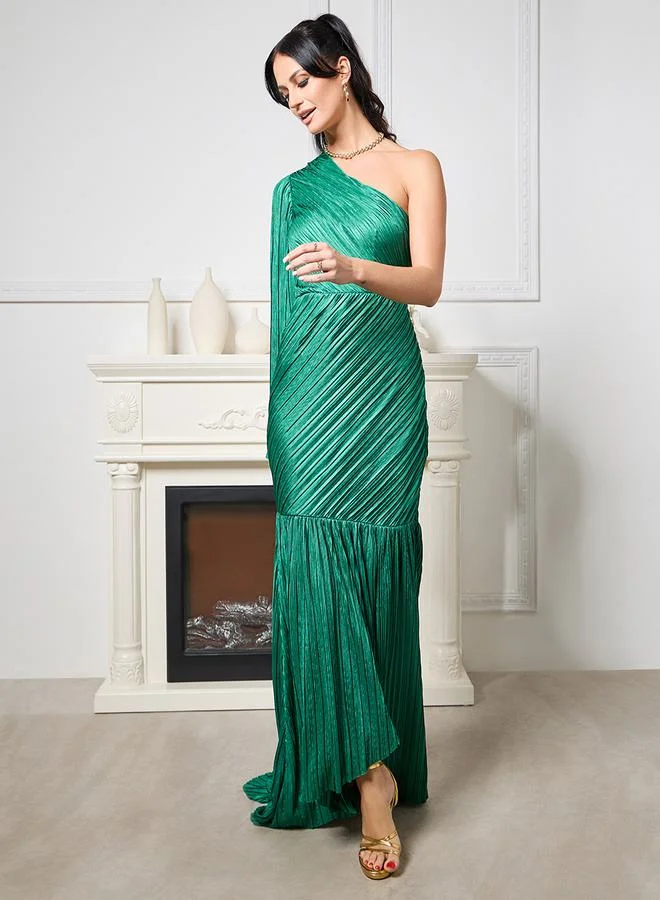 Styli Fitted Plisse One Shoulder Draped Maxi Dress