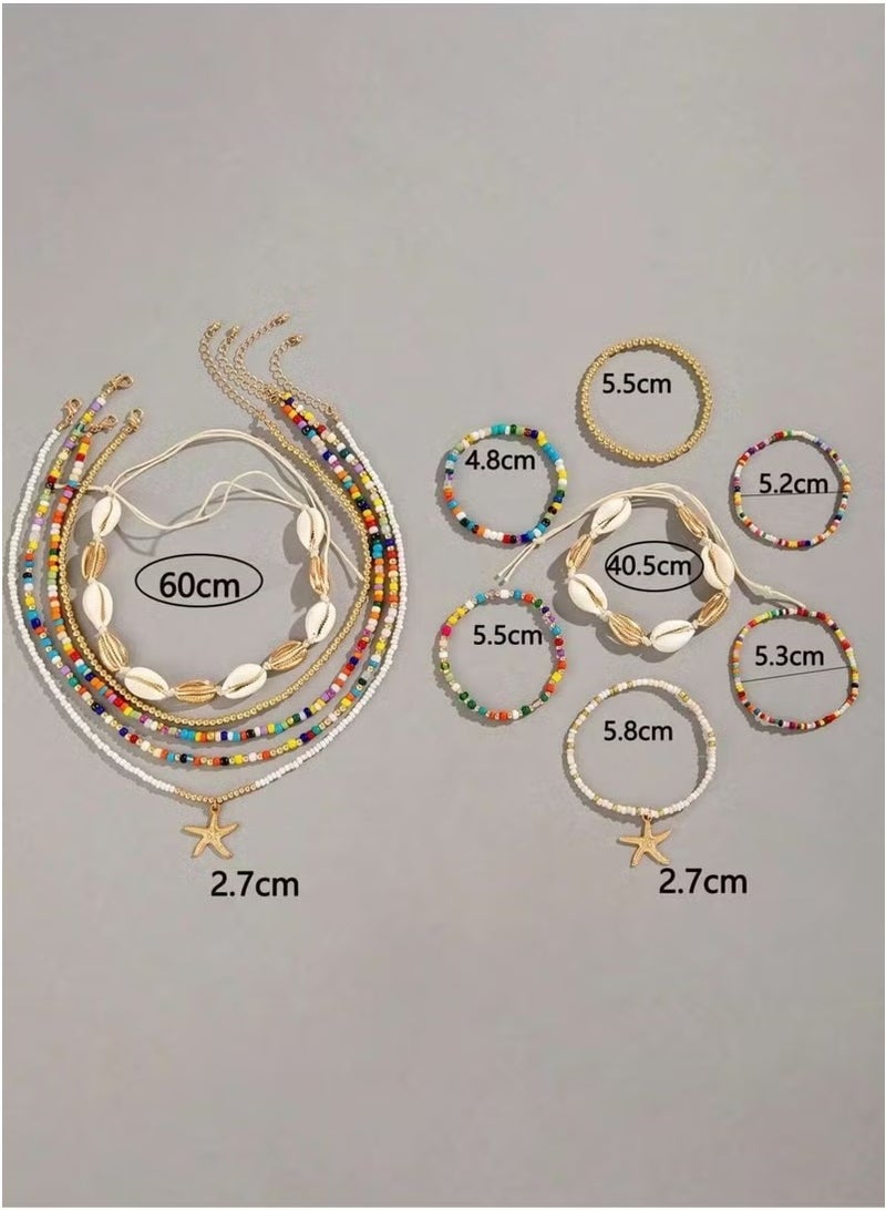 JOGAMS 12Pcs Bohemian Rice Grain Necklaces and Bracelets Shells and Stars Set Party Favors for Women - Image 5