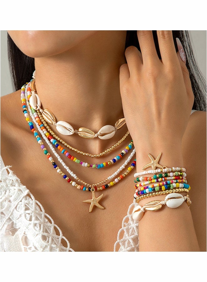 JOGAMS 12Pcs Bohemian Rice Grain Necklaces and Bracelets Shells and Stars Set Party Favors for Women - Image 1