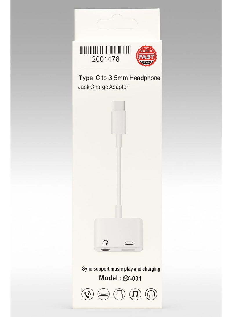 Type-C to 3.5mm Headphone Adapter with Fast Charging Port – Compatible with All Phones – Model JY-031