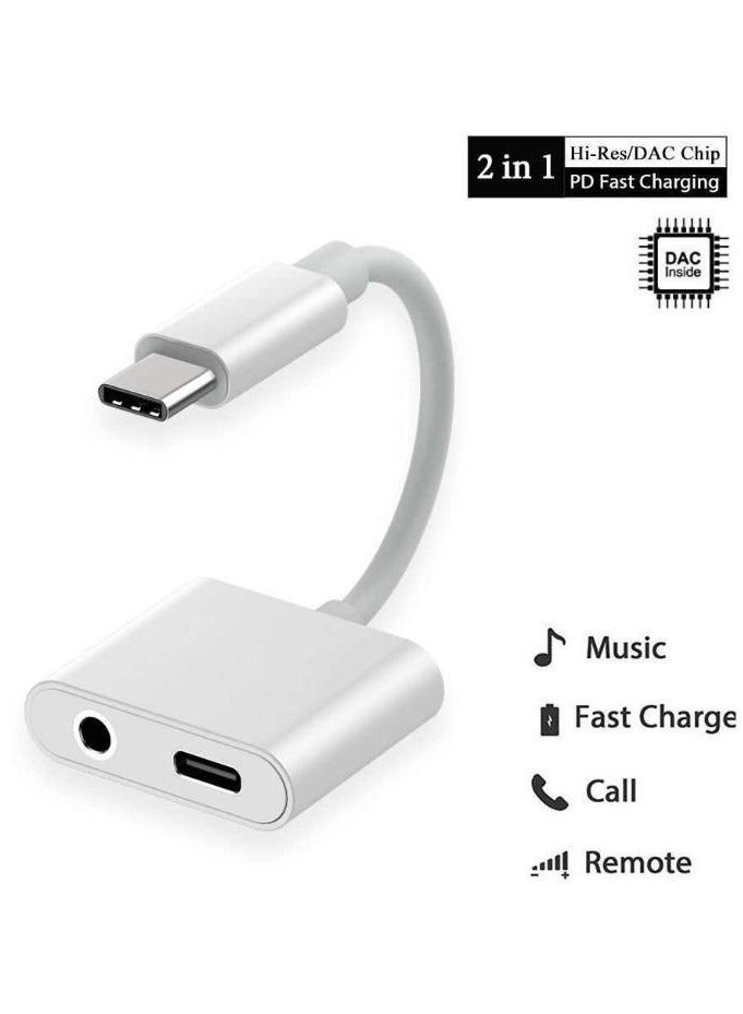 Type -C to 3.5mm and Type-C Adapter OTG Converter with Fast Charging Port – Compatible with All Phones