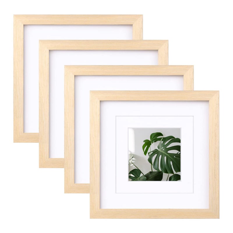 Egofine 8x8 Picture Frames Made of Solid Wood with Plexiglass  Display Pictures 4x4/6x6 with Mat or 8x8 Without Mat Set of 4 for Tabletop and Wall Mounting  Oak Wood - Image 1