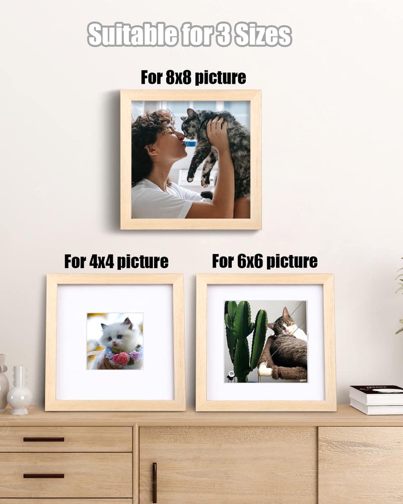 Egofine 8x8 Picture Frames Made of Solid Wood with Plexiglass  Display Pictures 4x4/6x6 with Mat or 8x8 Without Mat Set of 4 for Tabletop and Wall Mounting  Oak Wood - Image 4