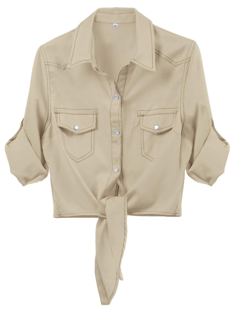 Omoone Women's 3/4 Sleeve Modern Denim Crop Top Tie Knot Shirt Cardigan(0774-Apricot-XL) - Image 1